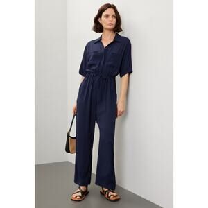 THAKOON COLLECTIVE Navy Short Sleeve Collared Front Button Jumpsuit Size 6